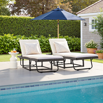Devoko 2PCS Patio Folding Rattan Chaise Lounge Chair with Adjustable Back, Outdoor Cushioned Recliner for Garden&Backyard, White